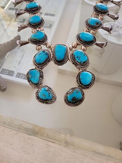 Vintage Sterling Silver Squash Blossom Necklace with Turquoise, 170 Grams, 24"