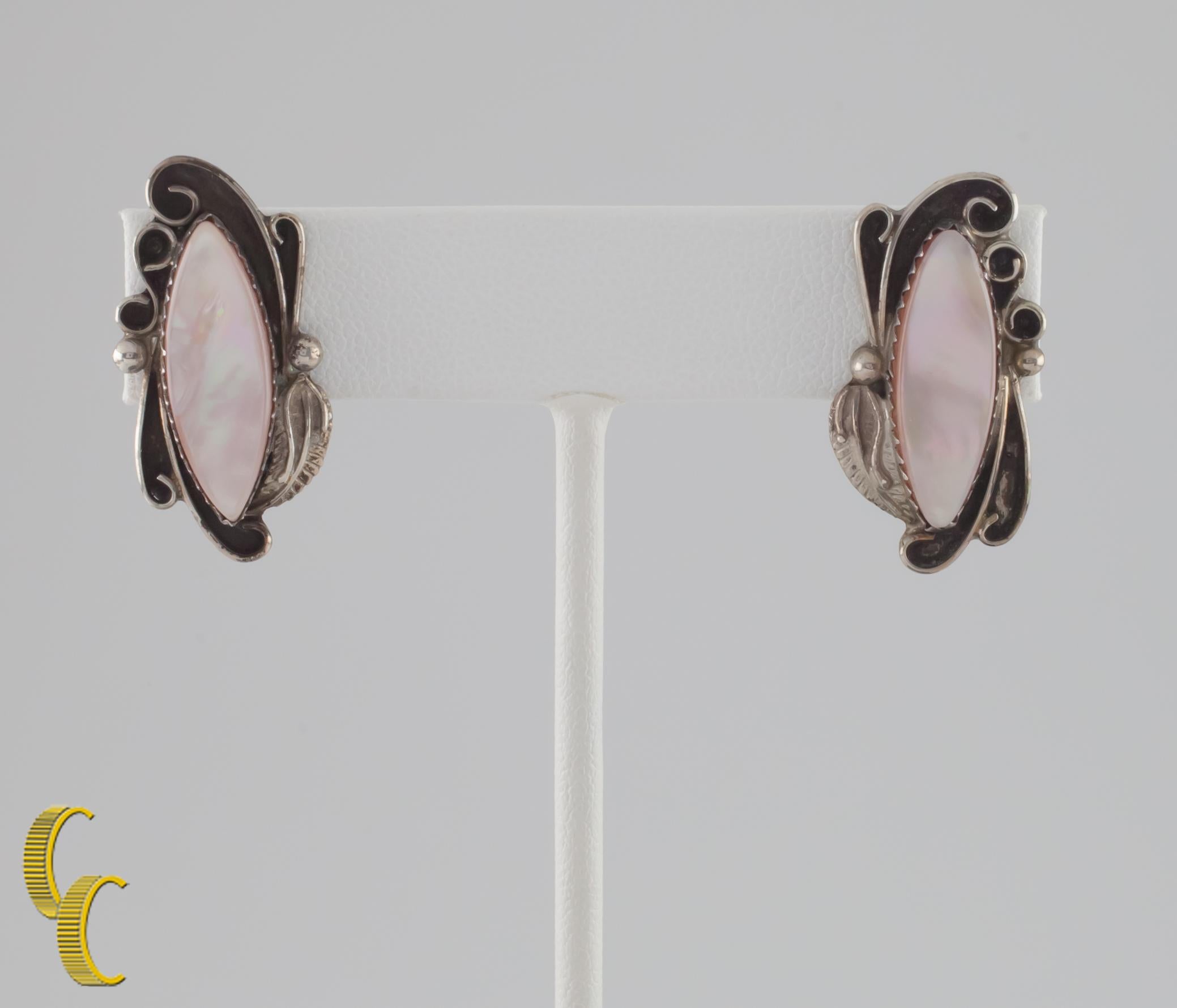 Modern Vintage Sterling Silver Statement Earrings with Pink Mother-of-Pearl For Sale
