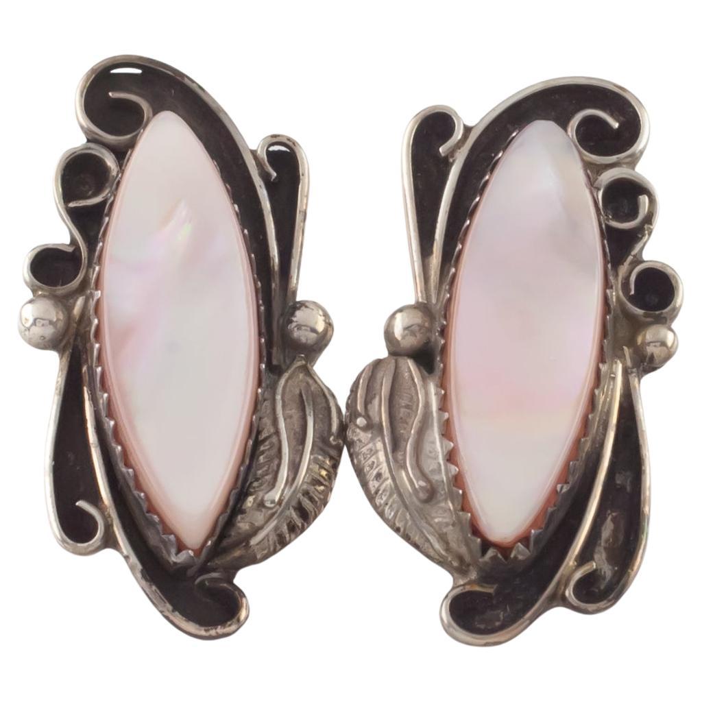 Vintage Sterling Silver Statement Earrings with Pink Mother-of-Pearl For Sale