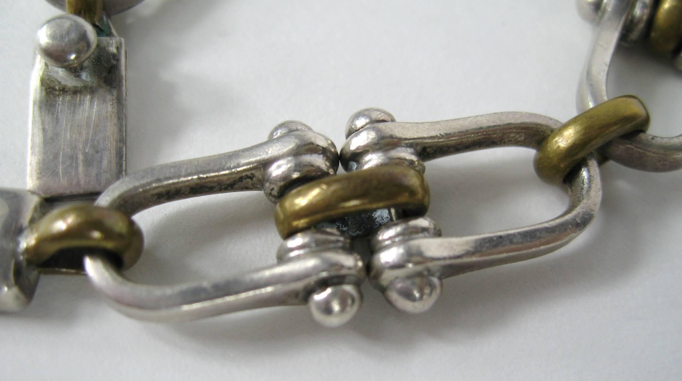 Vintage Sterling Silver Taxco Link Bracelet 2 tone Gold wash 1970s In Good Condition For Sale In Wallkill, NY