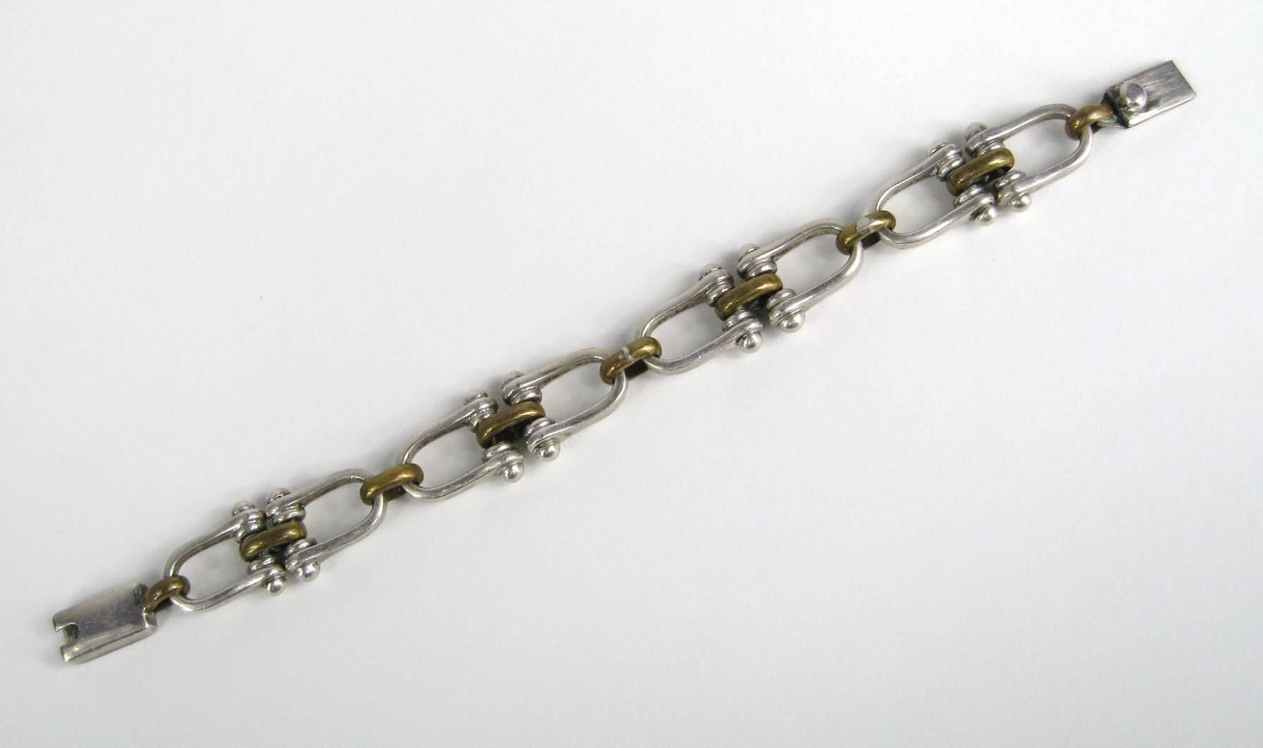 Women's or Men's Vintage Sterling Silver Taxco Link Bracelet 2 tone Gold wash 1970s For Sale