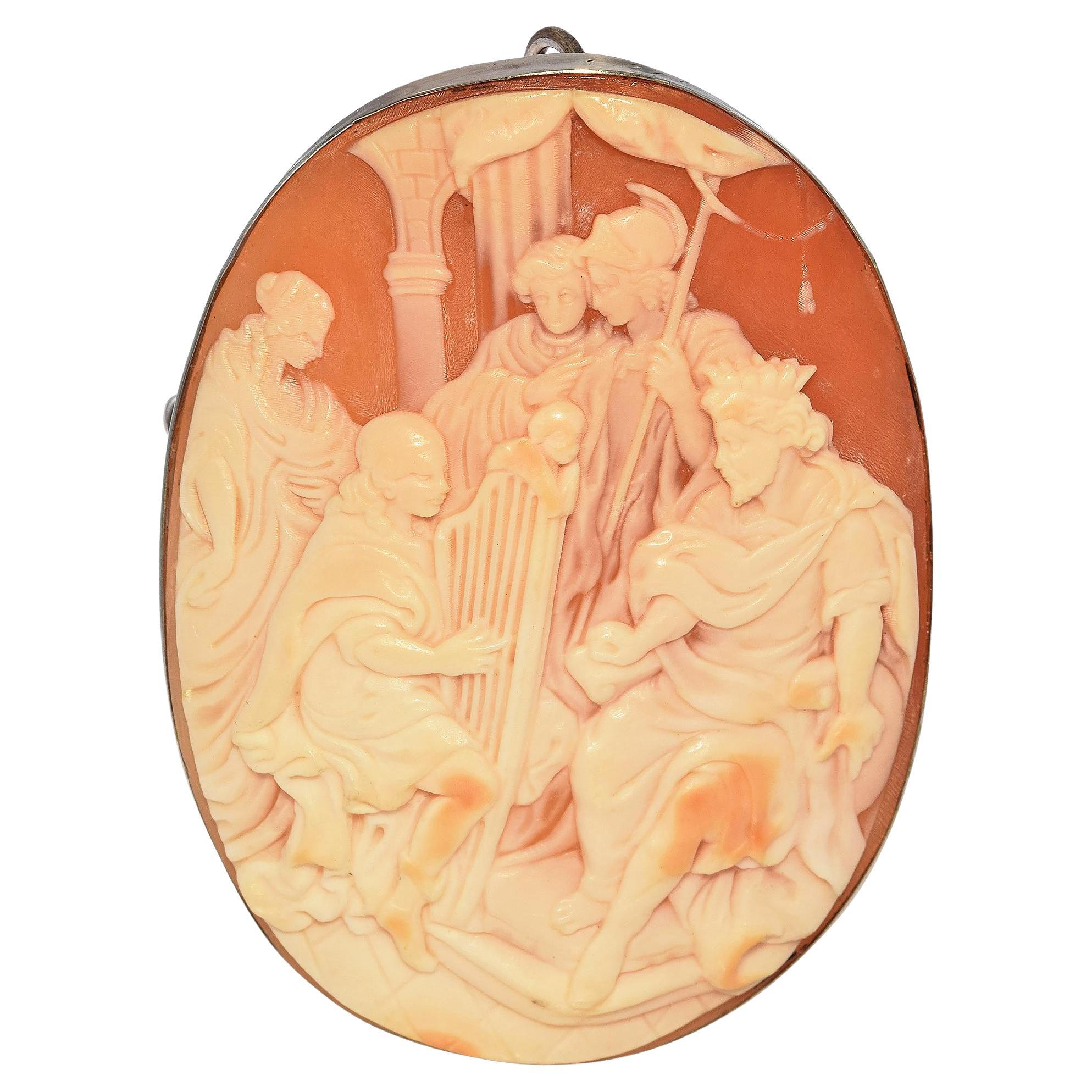 Vintage Sterling Silver "The Pleasure of The King" Shell Cameo Pendant Brooch