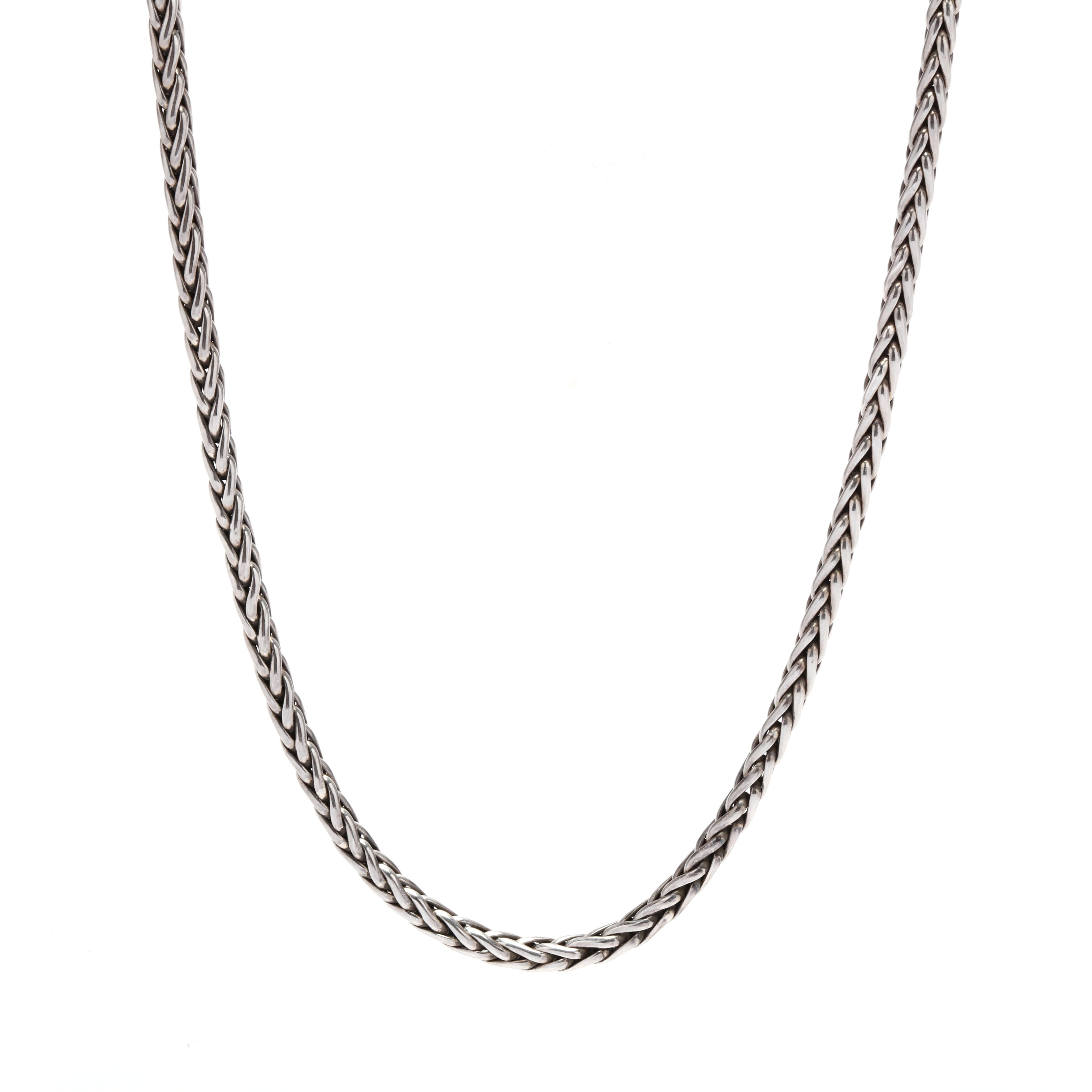 A vintage sterling silver thick wheat chain. This wide chain features a woven wheat design with a lobster clasp.

Length: 20 in.

Width: 4.25 mm

Weight: 37.3 grams

Tested: Sterling Silver


Ring Sizings & Modifications:
* We are happy to assist in