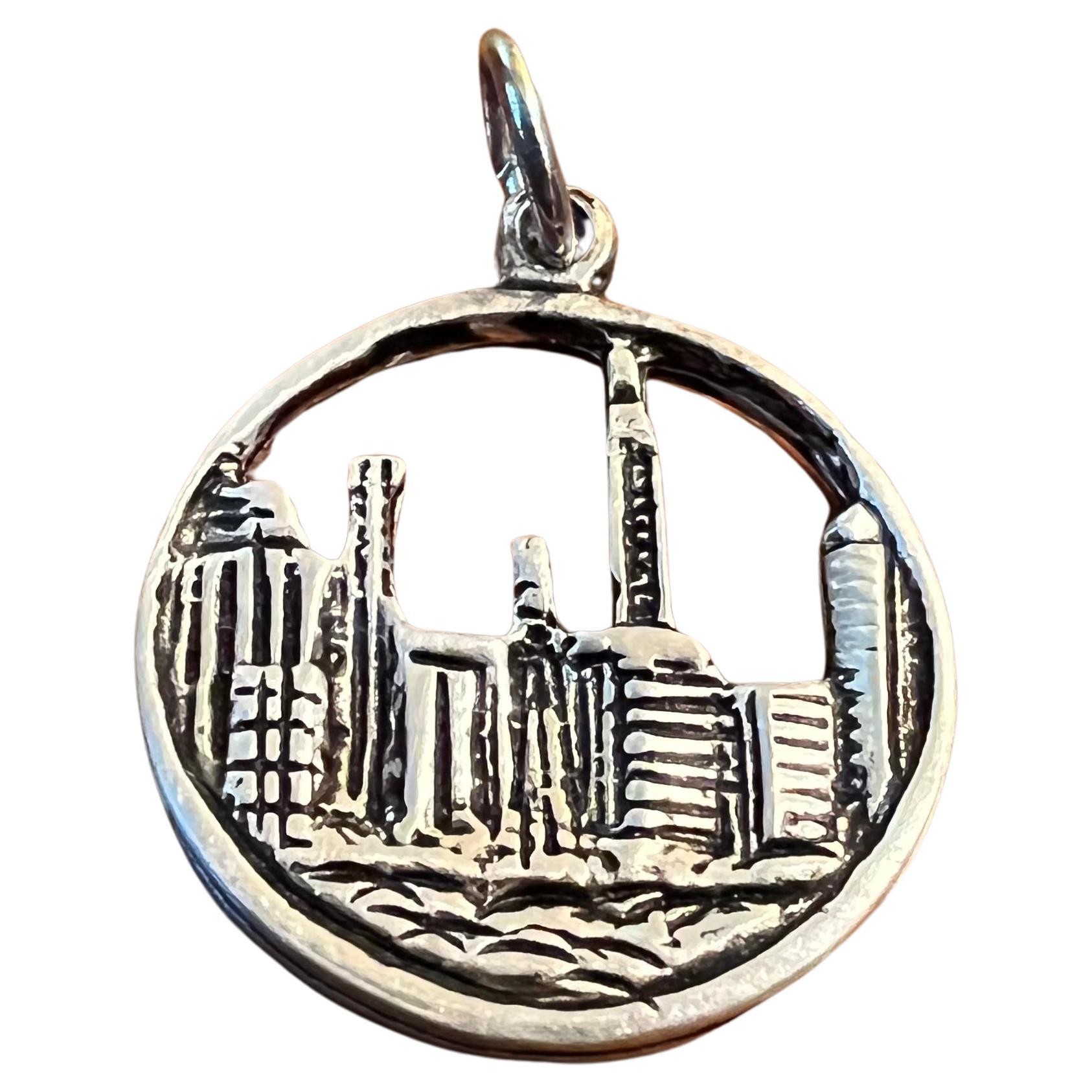 Vintage Sterling Silver Town Pendant Charm For Sale