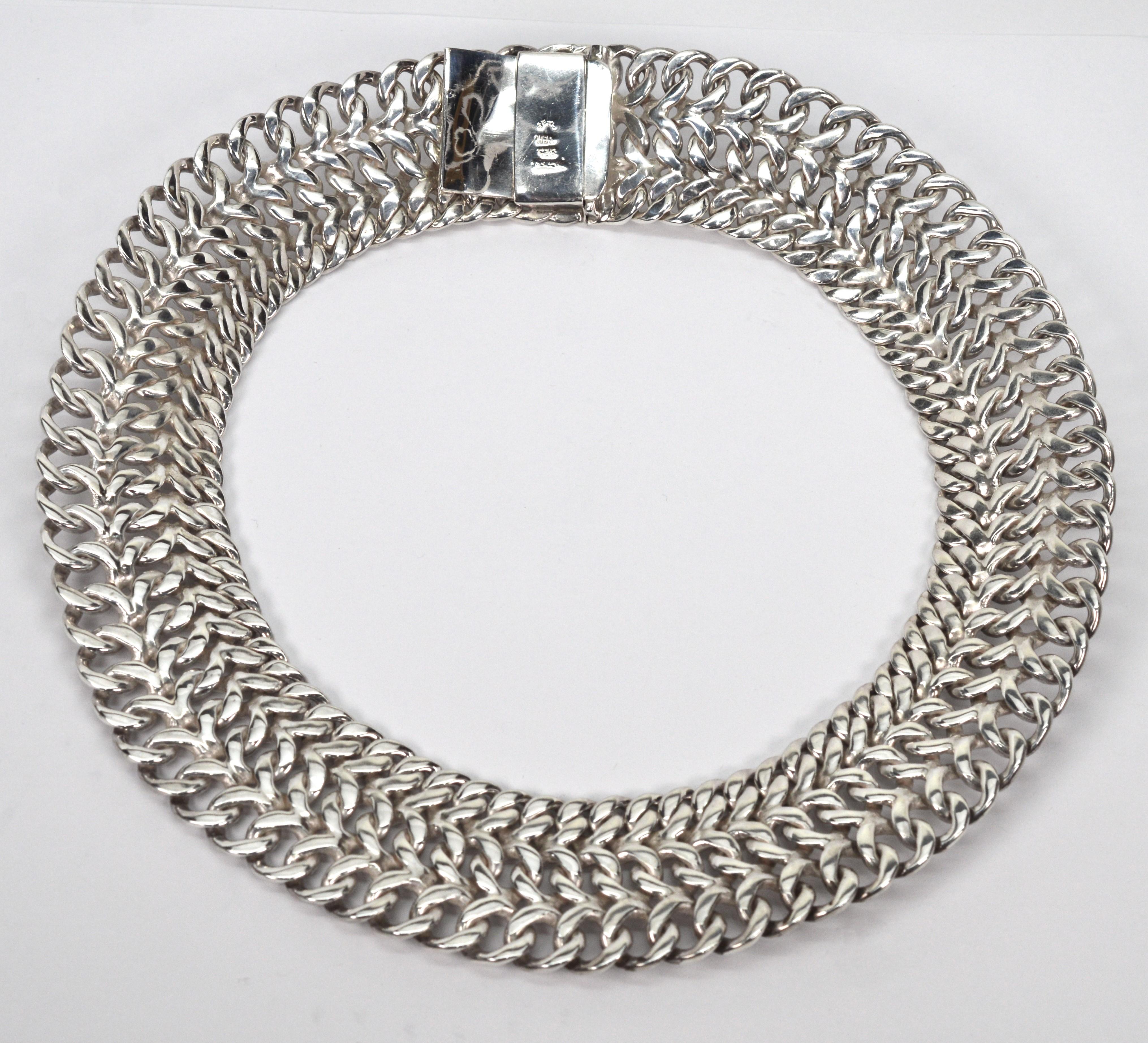 Vintage Sterlingsilber Dreifach-Halskette mit geschwungenem Kragen von Rodolfo Espinoza Taxco Damen