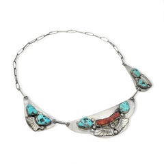 Vintage Sterling Silver Turquoise and Coral Leaf Necklace
