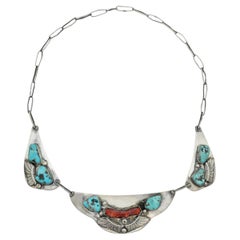 Vintage Sterling Silver Turquoise and Coral Leaf Necklace