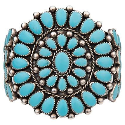 Vintage Sterling Silver Turquoise Cluster Cuff For Sale