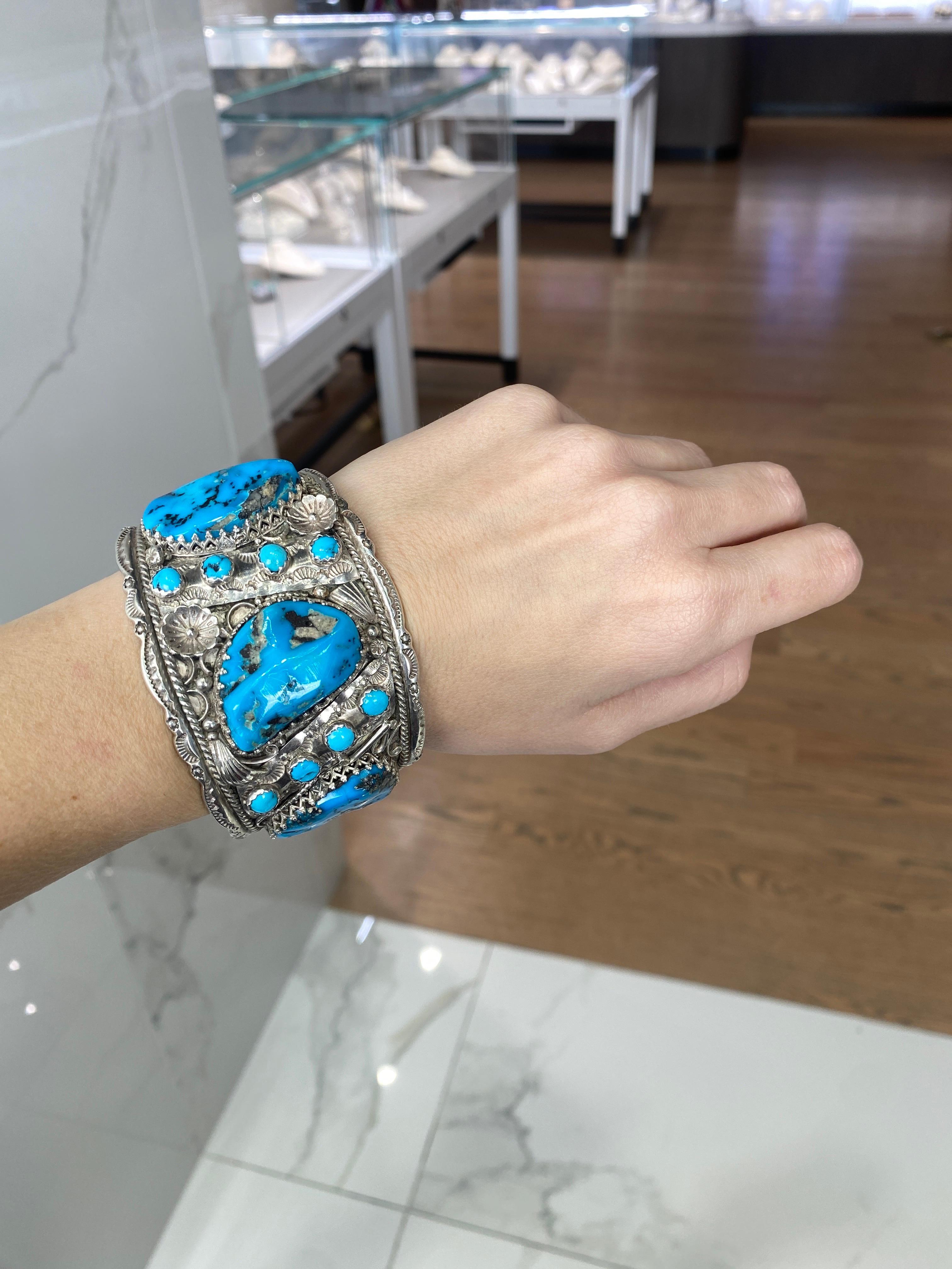 Vintage Sterling Silver Turquoise Cuff For Sale 5