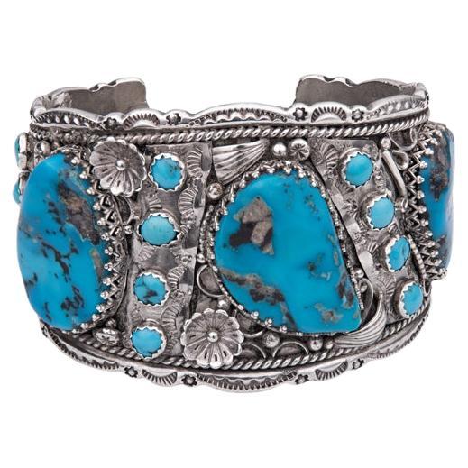 Manchette vintage turquoise en argent sterling