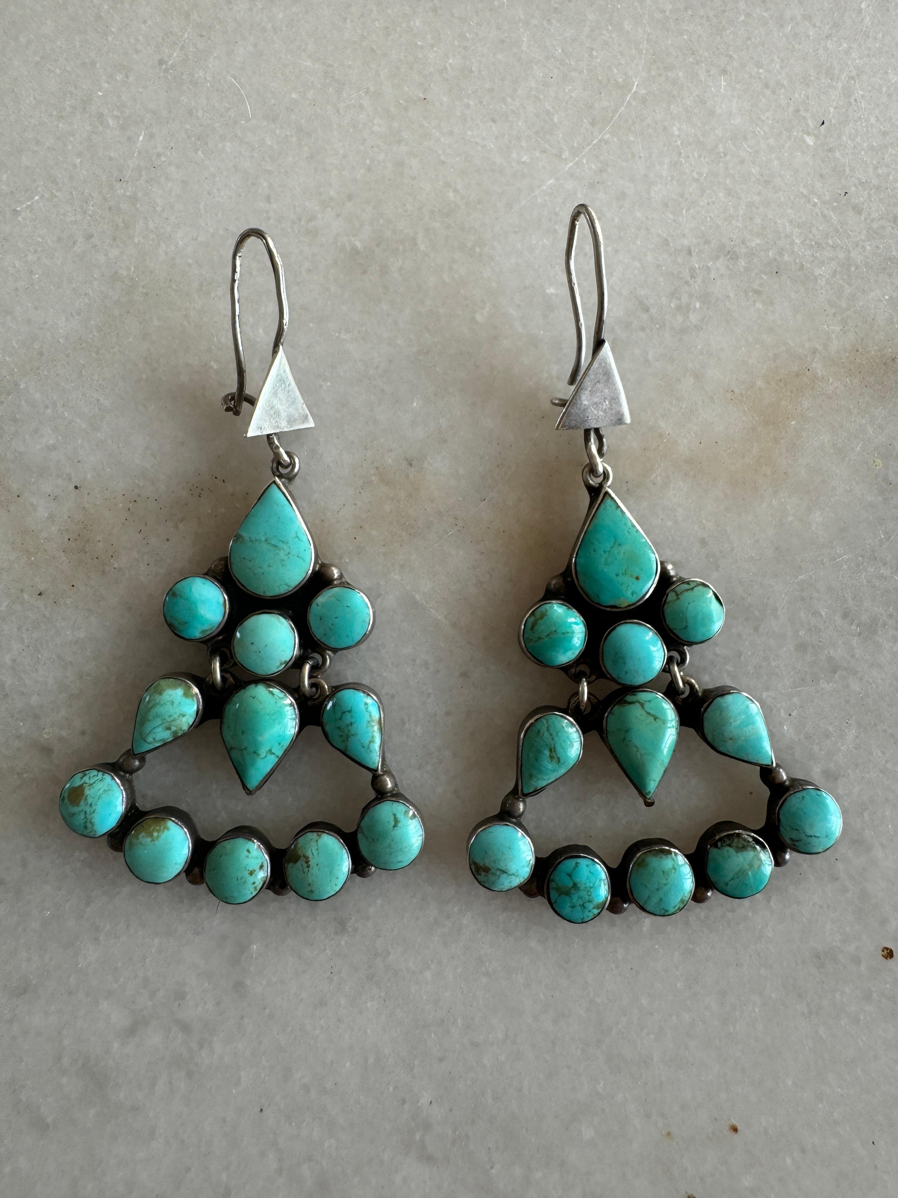 Native American Vintage Sterling Silver & Turquoise Drop Earrings For Sale