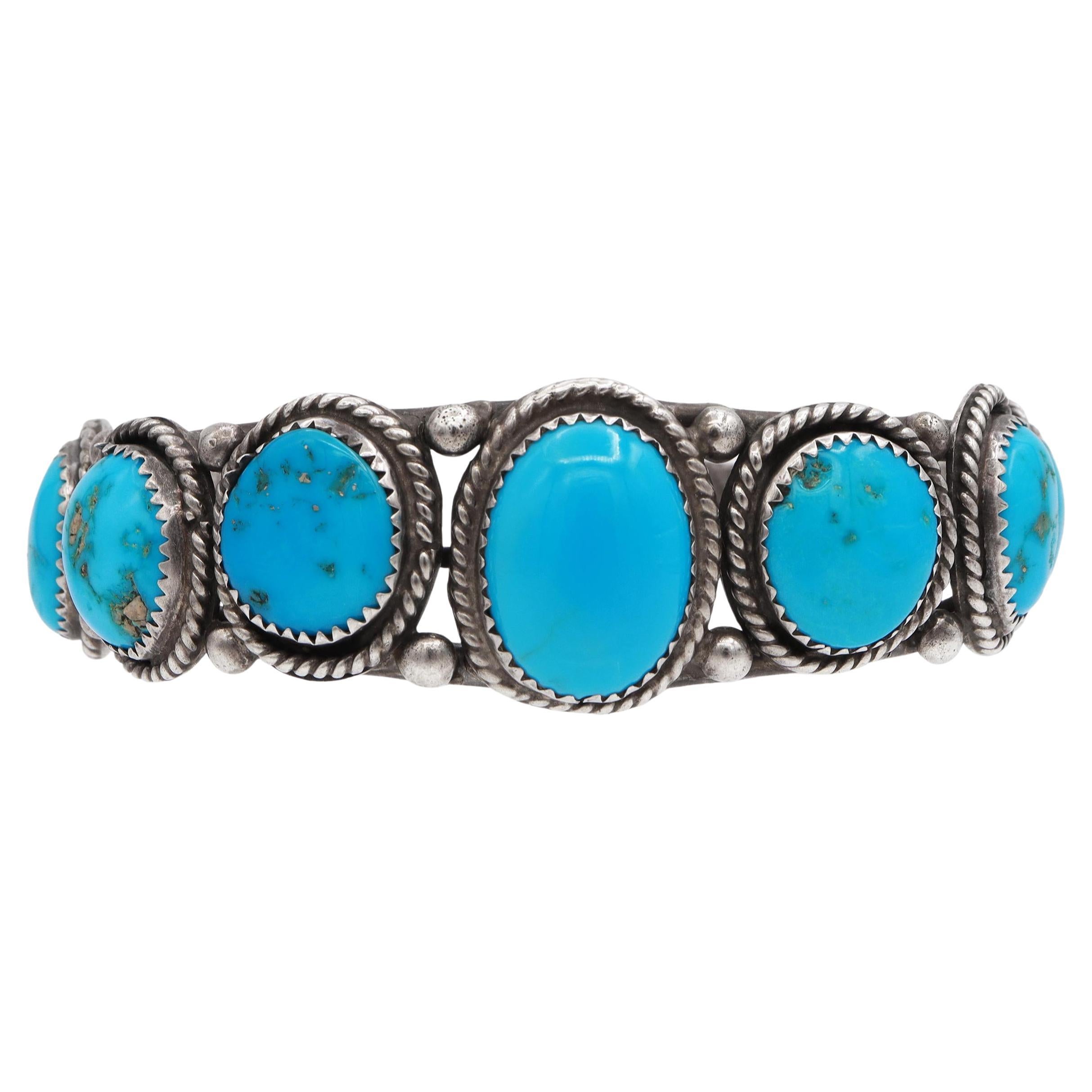 Vintage Sterling Silver Turquoise Five-Stone Cuff Bracelet