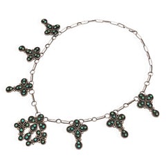 Vintage Sterling Silver Turquoise Floral Cluster Motif Station Necklace