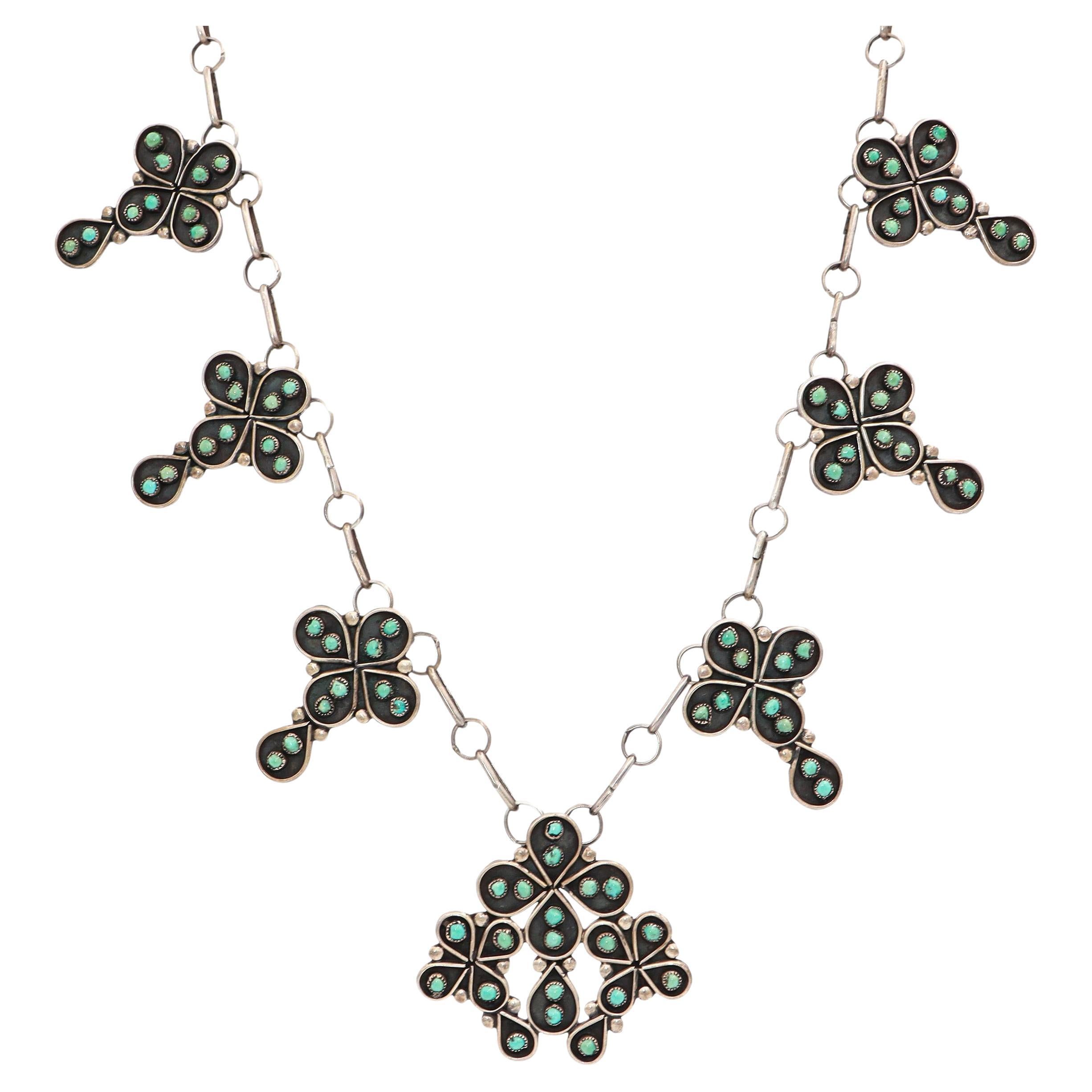 Vintage Sterling Silver Turquoise Floral Cluster Motif Station Necklace