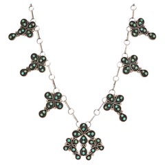 Vintage Sterling Silver Turquoise Floral Cluster Motif Station Necklace