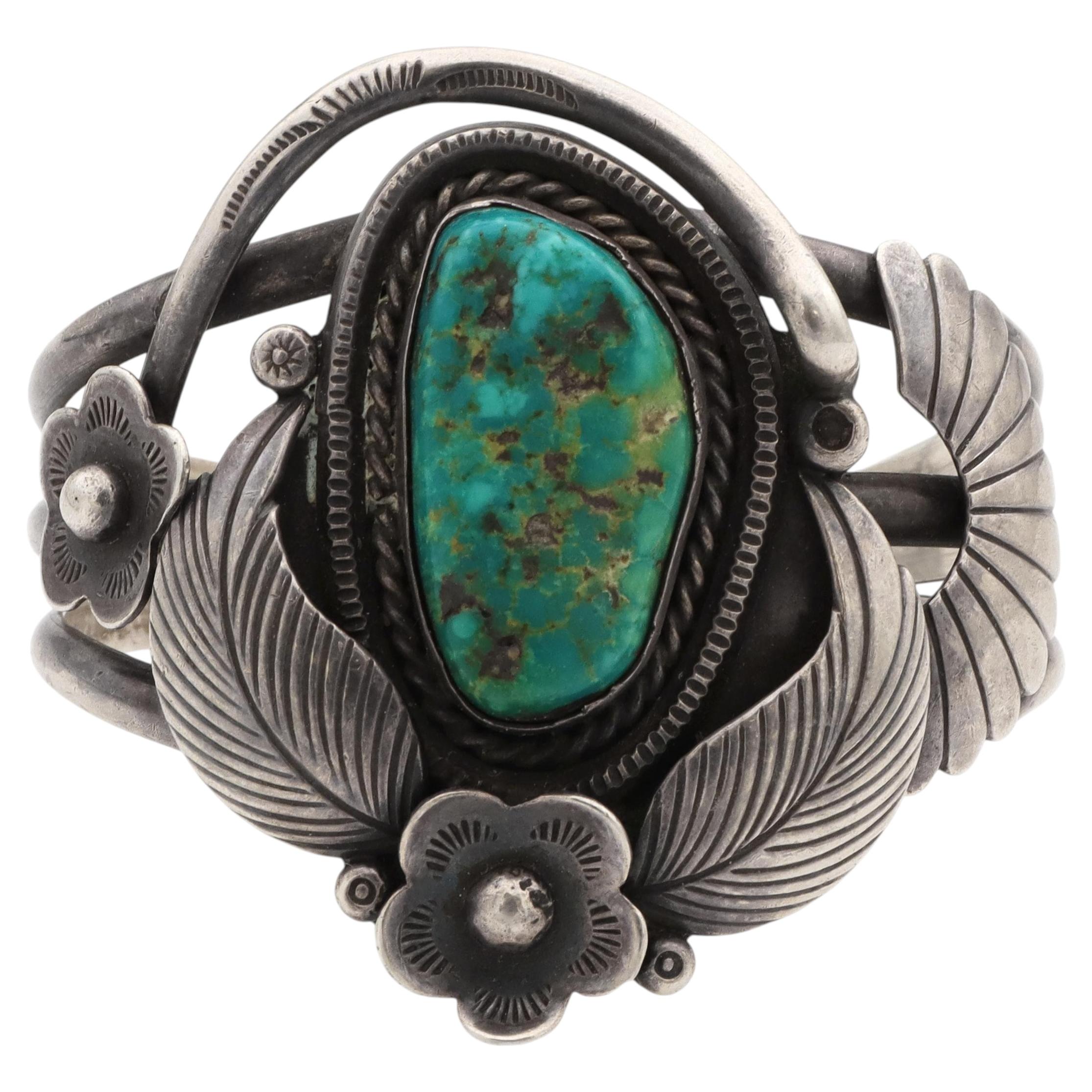 Vintage Sterling Silver Turquoise Floral Cuff