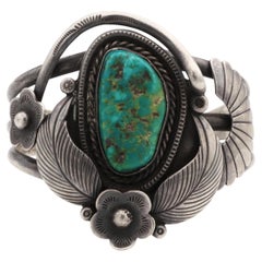 Vintage Sterling Silver Turquoise Floral Cuff