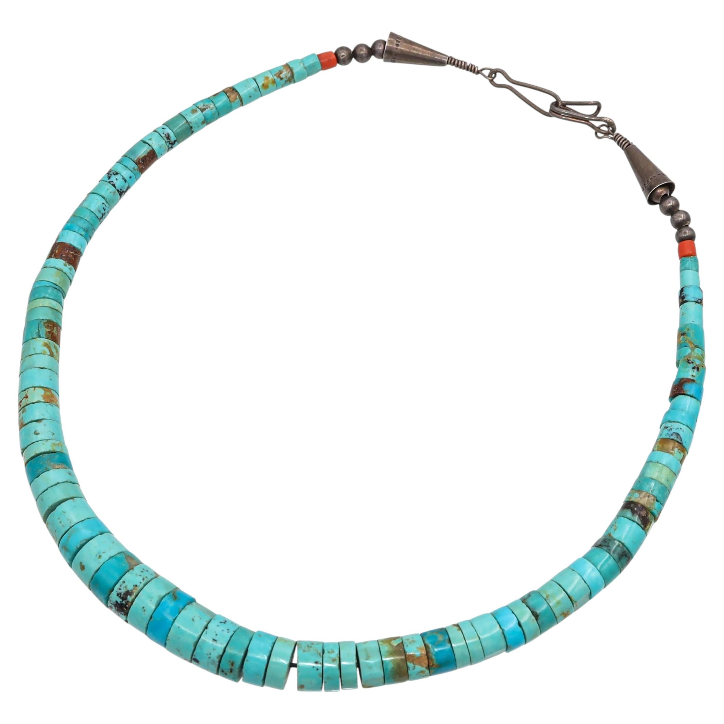 Collana d'epoca in argento sterling con perline Heishi turchesi