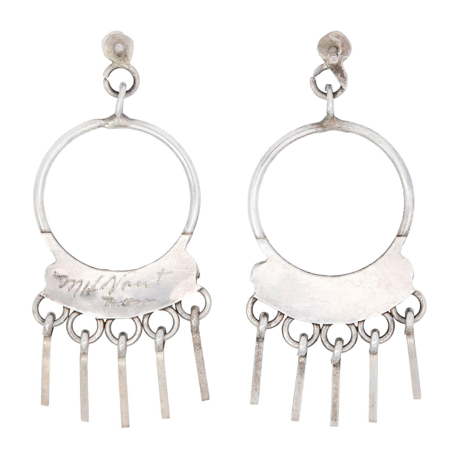 Retro Vintage Sterling Silver Turquoise Hoop Earrings For Sale