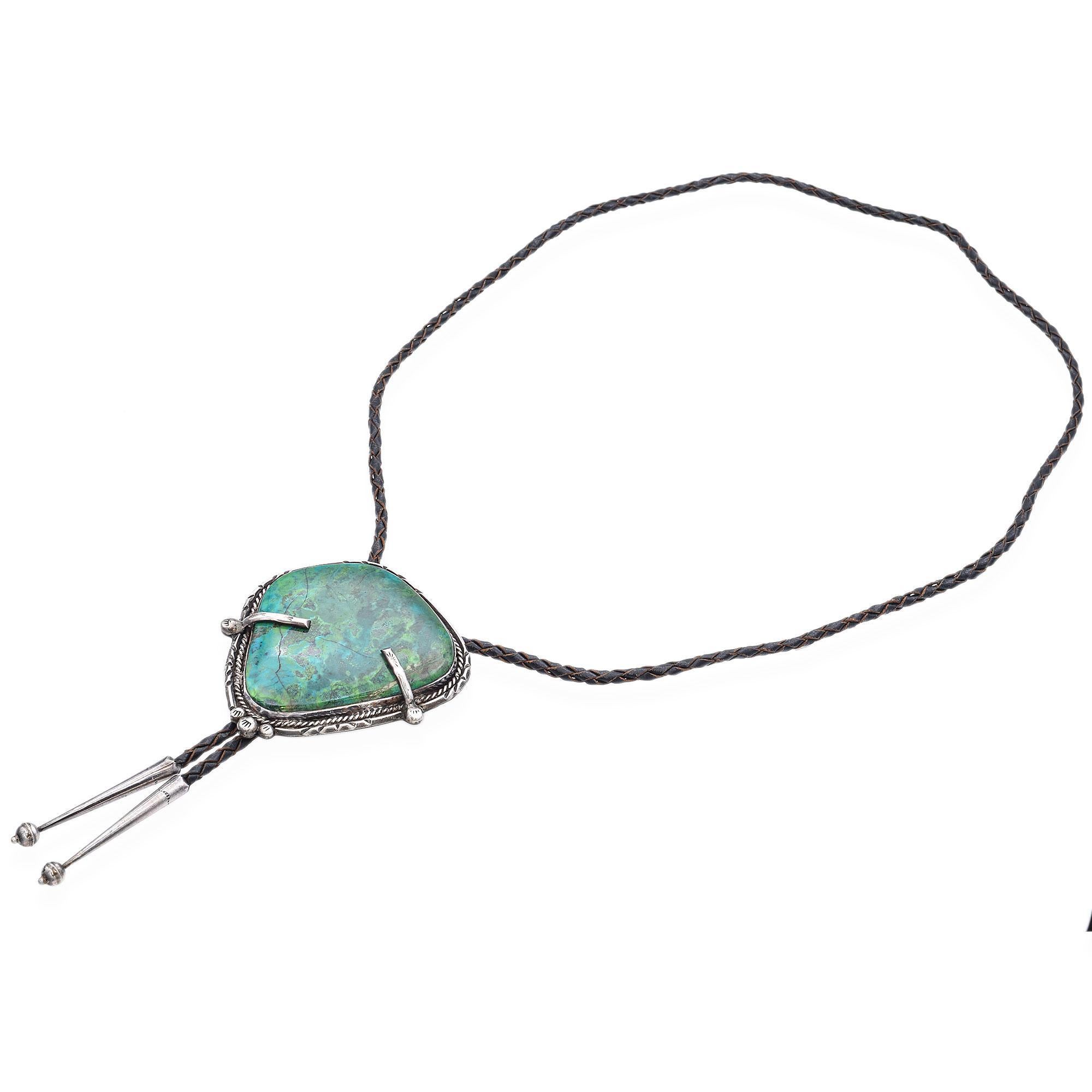 Cabochon Vintage Sterling Silver Turquoise Native American Bolo Tie For Sale