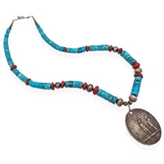 Vintage Sterling Silver Turquoise Red Jasper 1881 Chester Arthur Medal Necklace