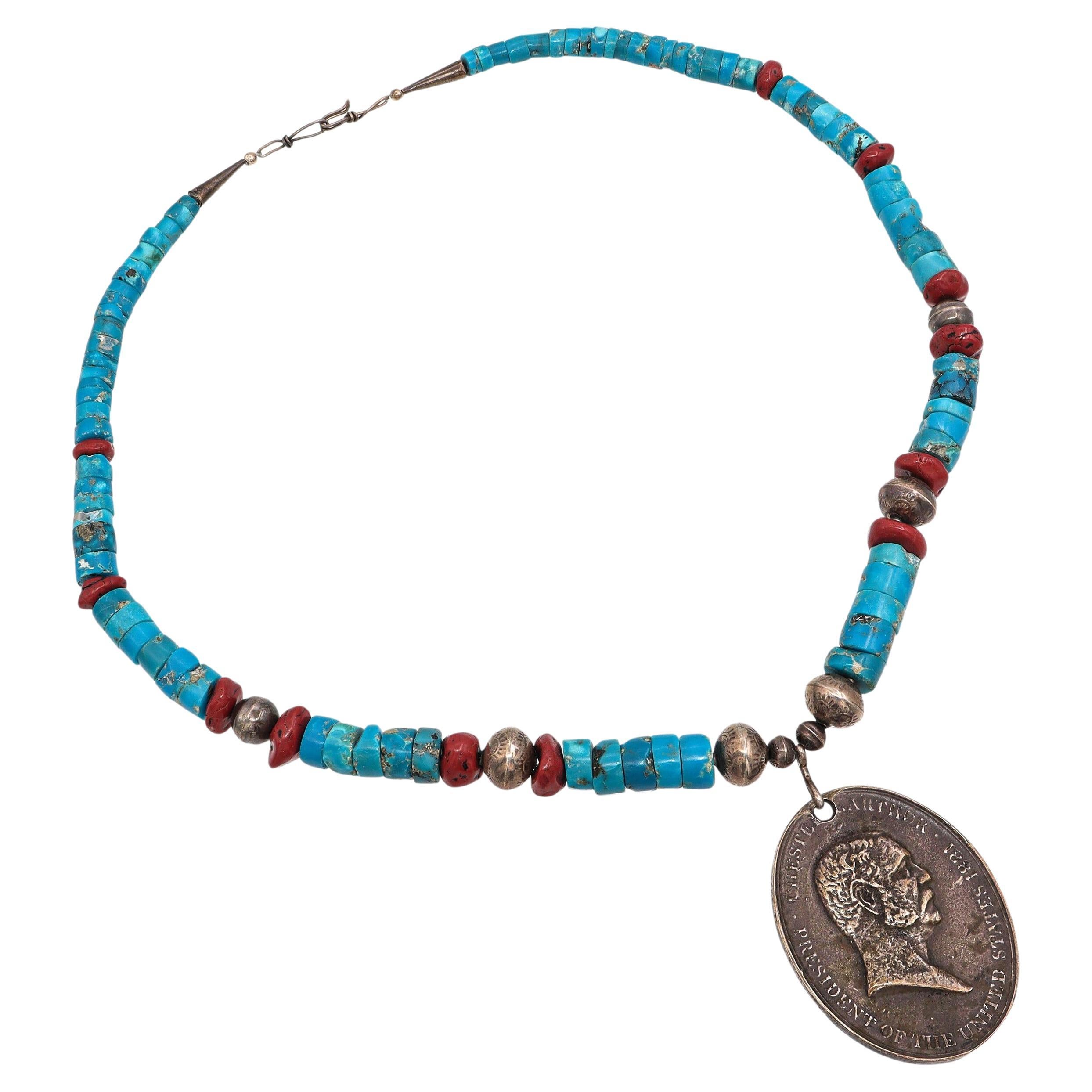 Vintage Sterling Silver Turquoise Red Jasper 1881 Chester Arthur Medal Necklace For Sale