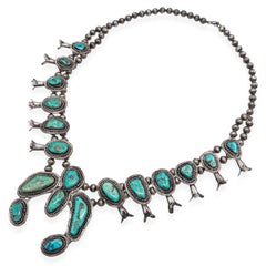 Vintage Sterling Silver Turquoise Squash Blossom Necklace