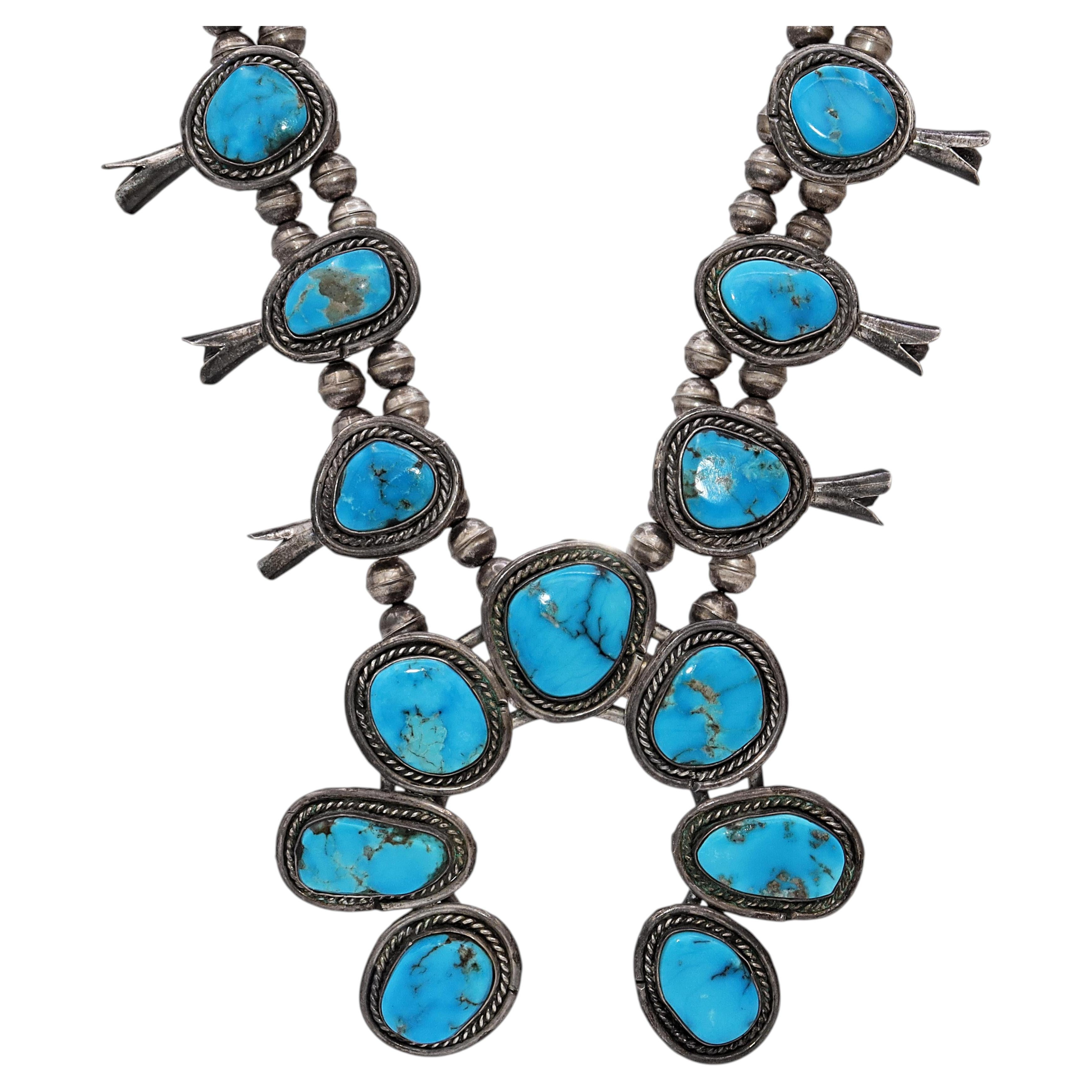 Vintage Sterling Silver Turquoise Squash Blossom Necklace (Collier de fleurs de courge)