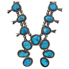 Vintage Sterling Silver Turquoise Squash Blossom Necklace