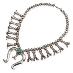 Vintage Sterling Silver Turquoise Squash Blossom Necklace with Naja Pendant