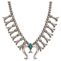 Vintage Sterling Silver Turquoise Squash Blossom Necklace with Naja Pendant Used Sterling Silver Turquoise Squash Blossom Necklace with Naja Pendant