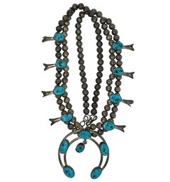 Vintage Sterling Silver Turquoise Squash Blossom Statement Necklace & Earrings