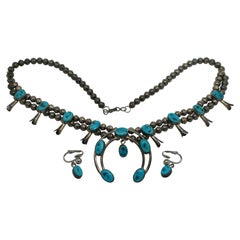 Collier et Boucles d'oreilles Vintage en Argent Sterling Turquoise Squash Blossom