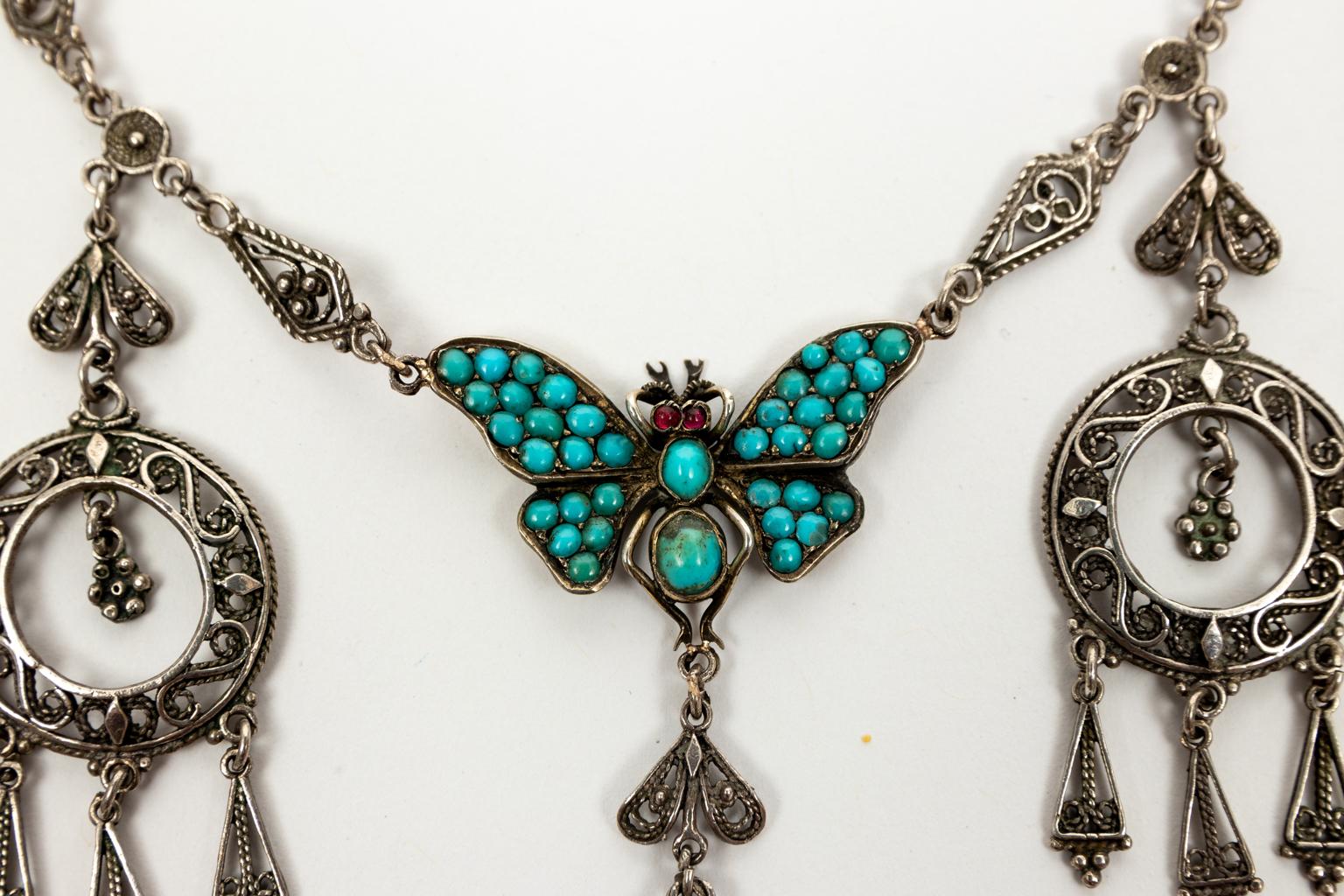 Vintage Sterling Silver Turquoise Ten Carat Gold Butterfly Necklace For Sale 4