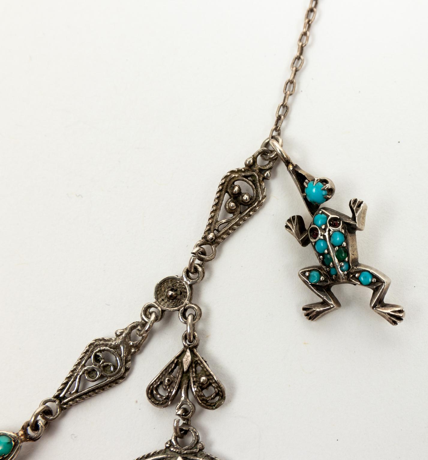 Vintage Sterling Silver Turquoise Ten Carat Gold Butterfly Necklace For Sale 7