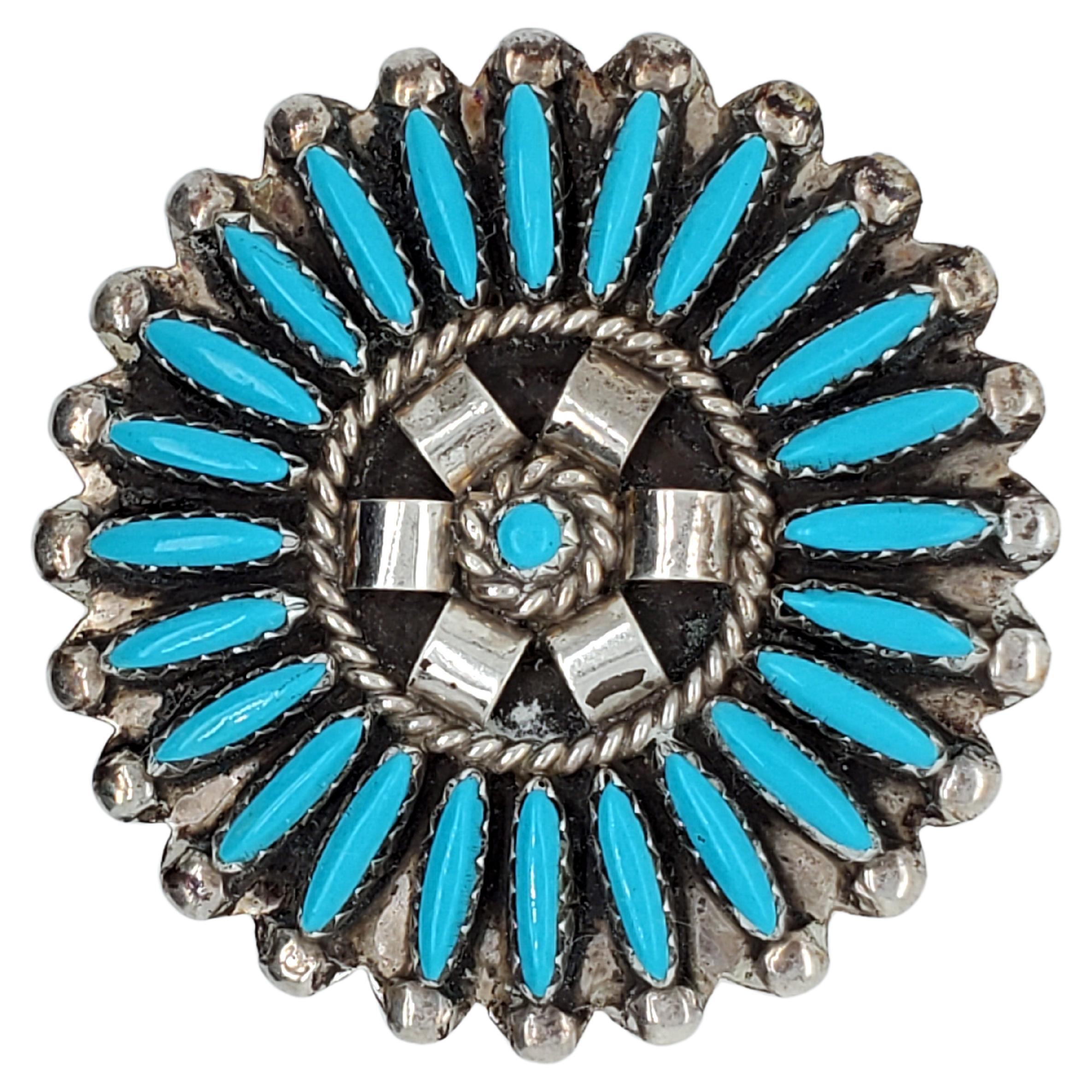 Vintage Sterling Silver/Turquoise, Zuni hand-made pin, signed by CJ (Published) For Sale