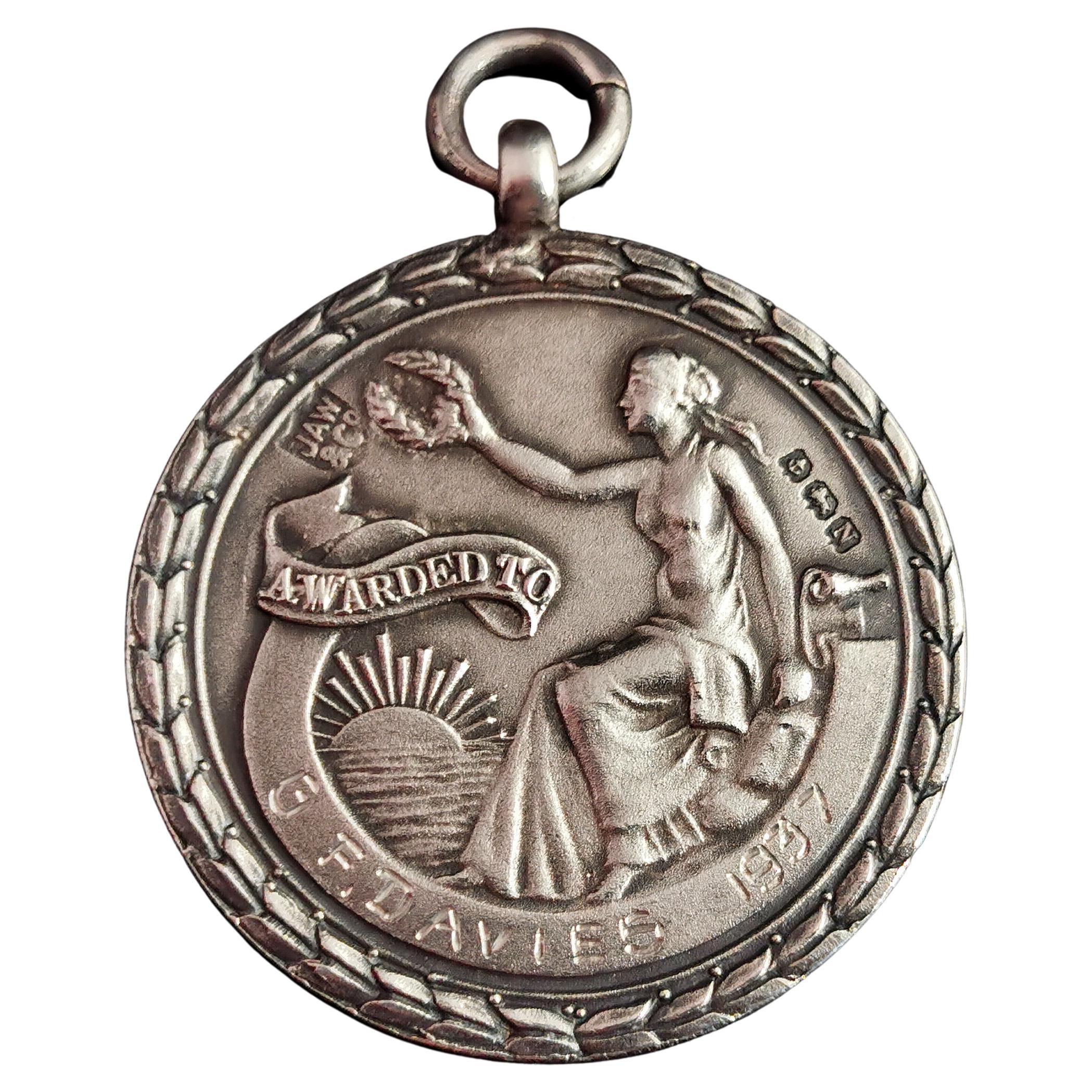 Vintage Sterling Silver Watch Fob Pendant, Lifesaving, 1930s