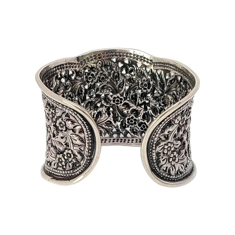 Sterling Silver Wide Flower Cuff Bracelet at 1stDibs