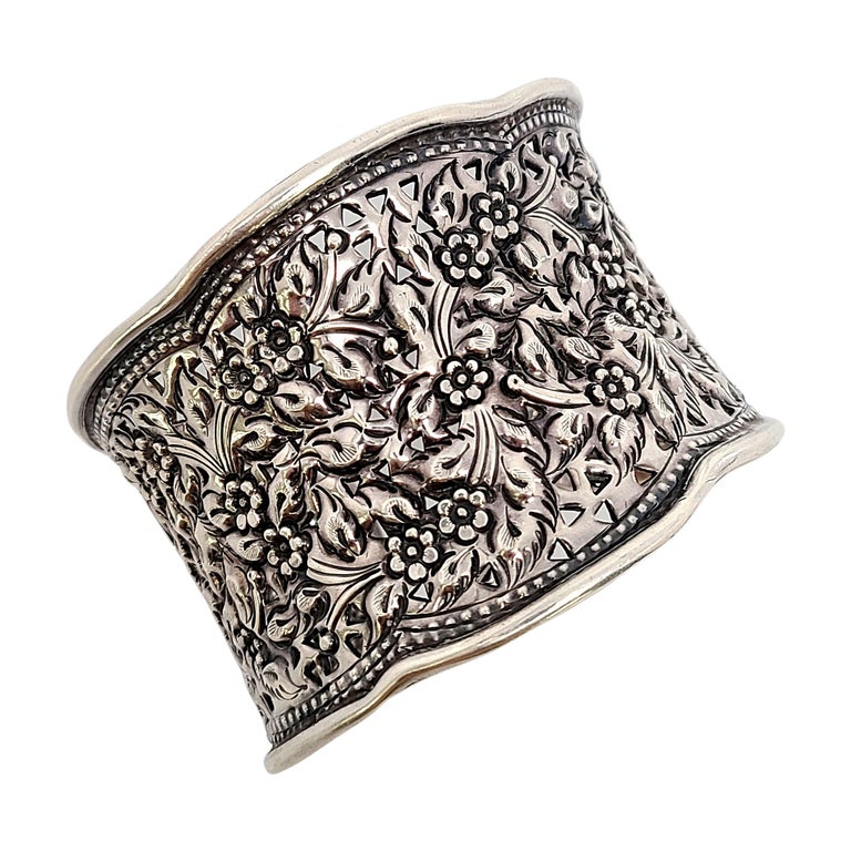 Sterling Silver Wide Flower Cuff Bracelet at 1stDibs