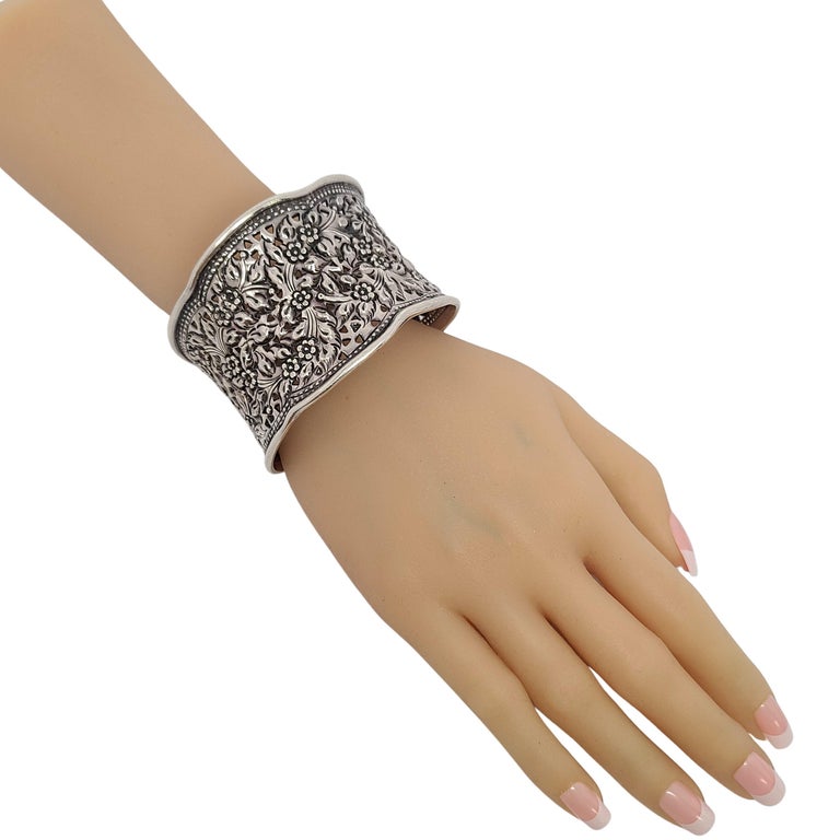 Sterling Silver Wide Flower Cuff Bracelet at 1stDibs