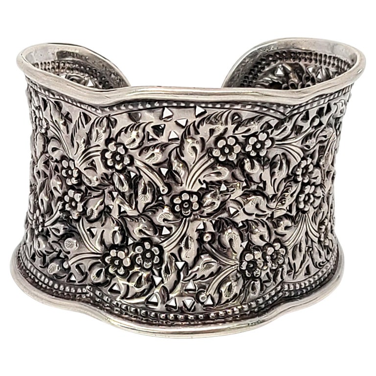 Sterling Silver Wide Flower Cuff Bracelet at 1stDibs