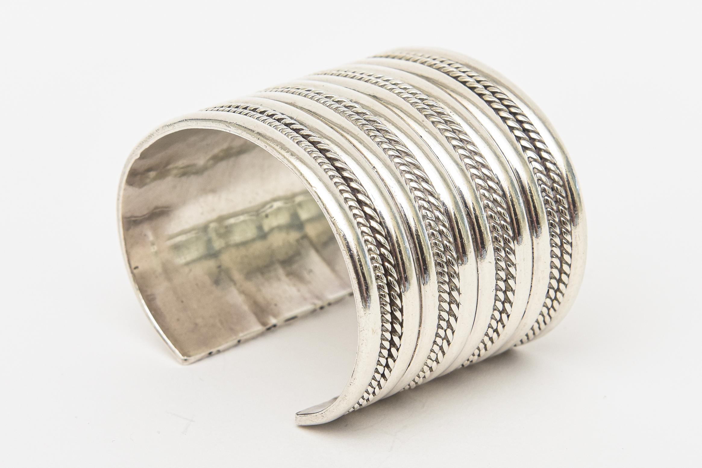 Modern Vintage Sterling Silver Wide Textrual Cuff Bracelet Hallmarked For Sale