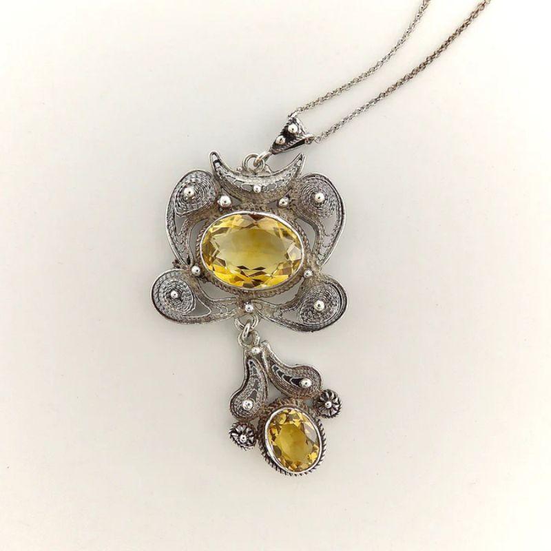 Taille ovale Collier vintage en argent sterling avec fil métallique et citrine en vente