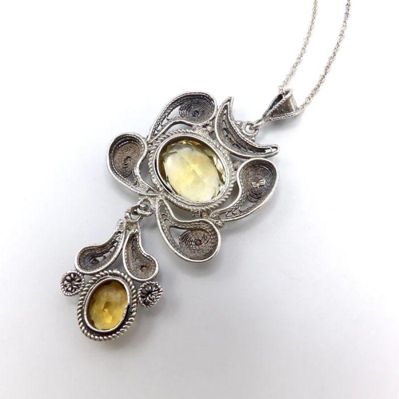 Oval Cut Vintage Sterling Silver Wirework and Citrine Necklace For Sale