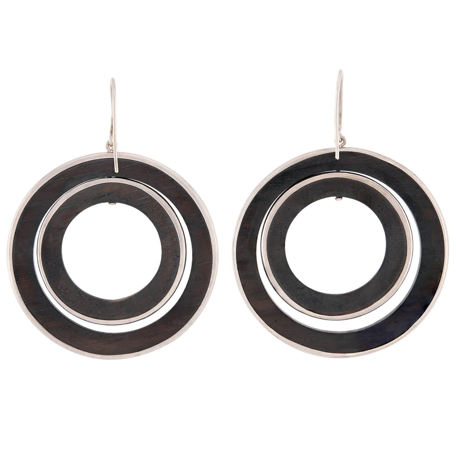 Doppelreihige Vintage-Ohrringe aus Sterlingsilber und Holz (Retro) im Angebot