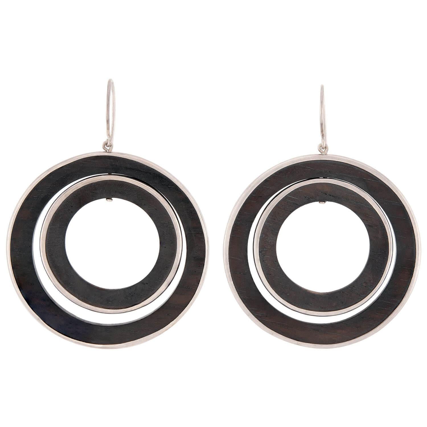 Doppelreihige Vintage-Ohrringe aus Sterlingsilber und Holz im Zustand „Gut“ im Angebot in Narberth, PA