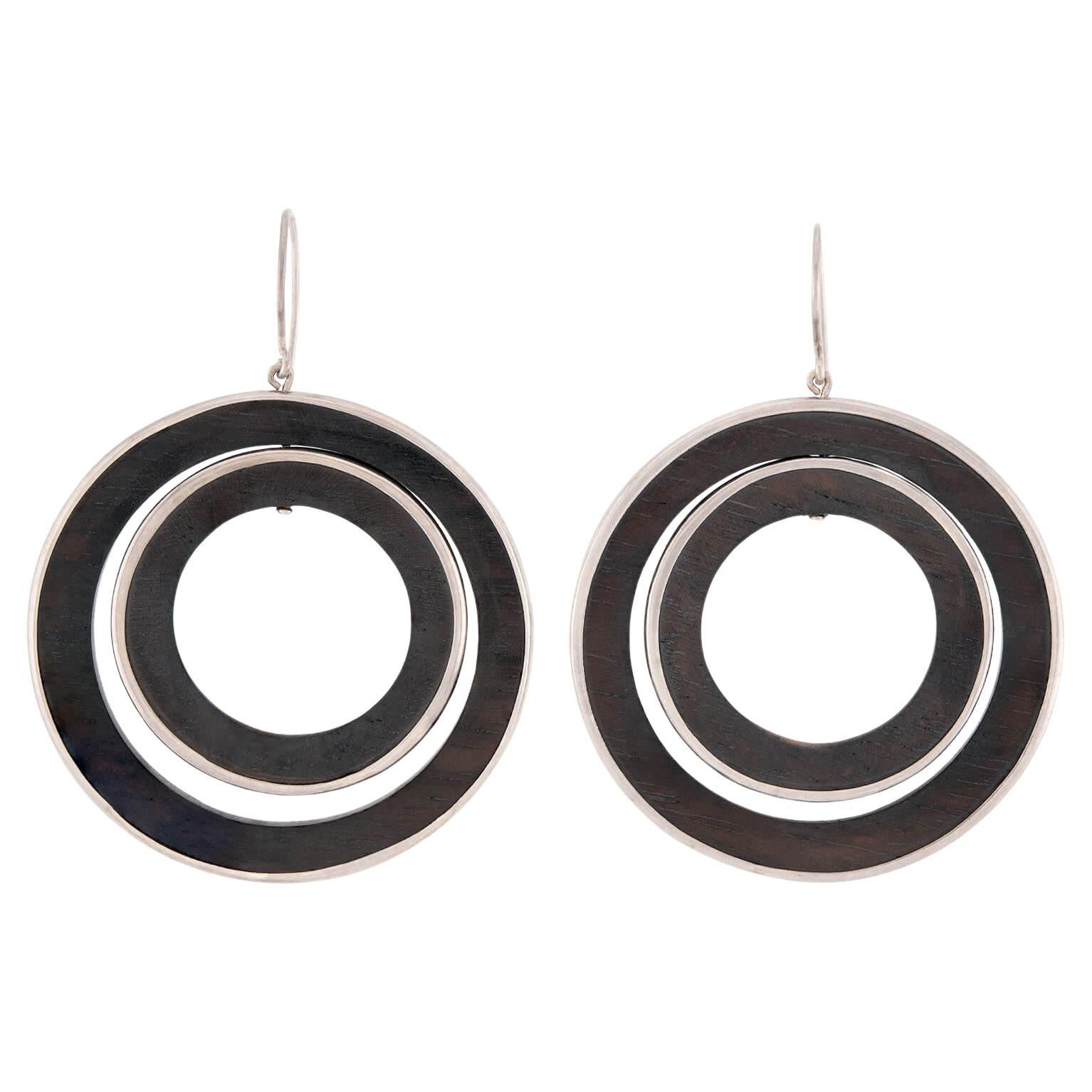Vintage Sterling Silver & Wood Double Hoop Earrings
