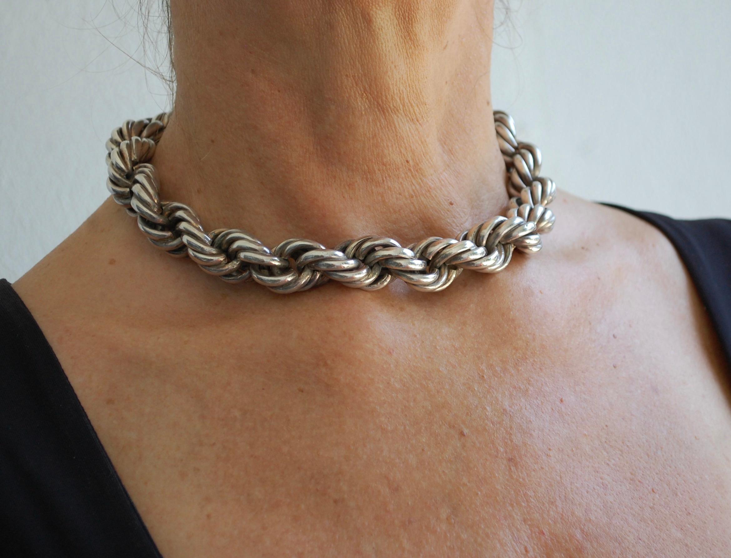 Vintage Thick Rope Sterling Choker Necklaces In Excellent Condition For Sale In Lake Worth, FL