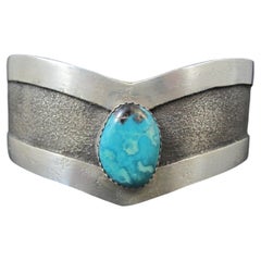 Vintage Sterling Silver Tufa Cuff Bracelet with Turquoise Stone 6.75 Inches