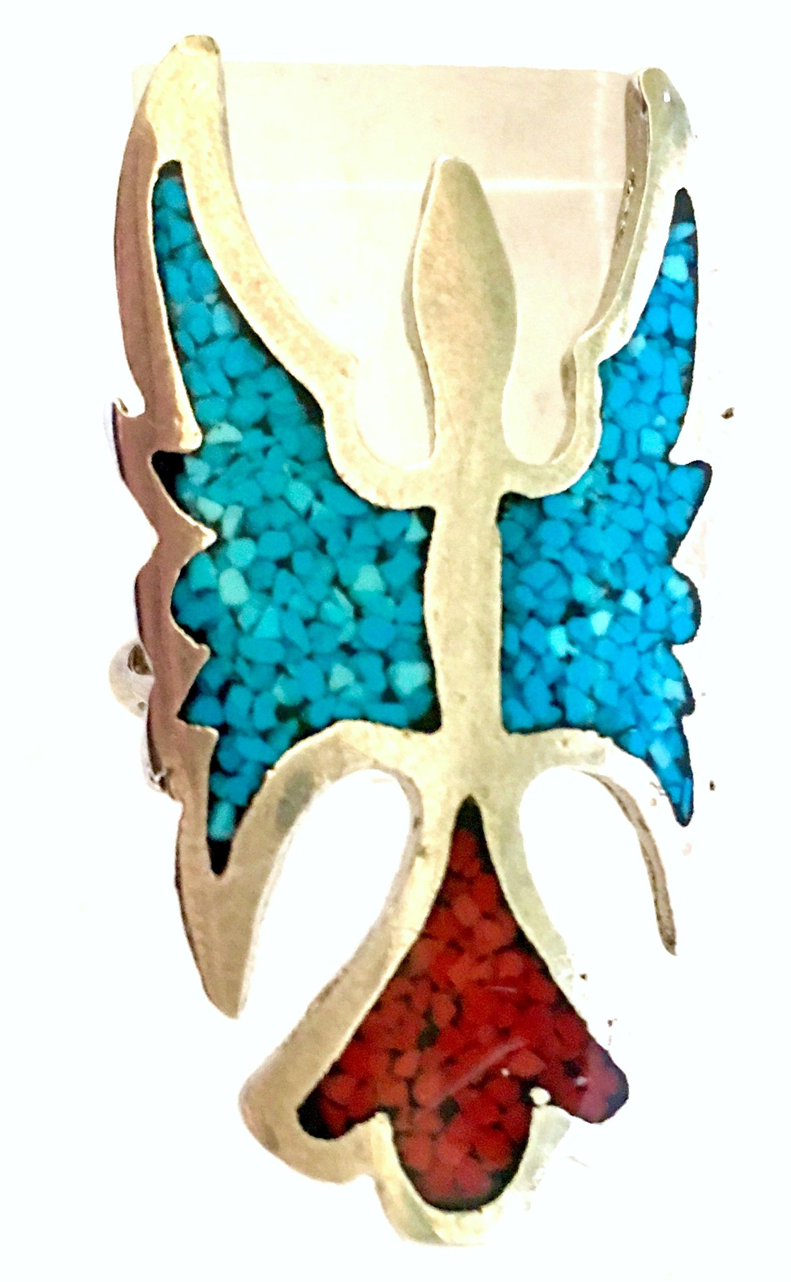 1970'S Navajo Style Sterling Silver & Genuine Turquoise And Coral Inlay, Thunderbird 